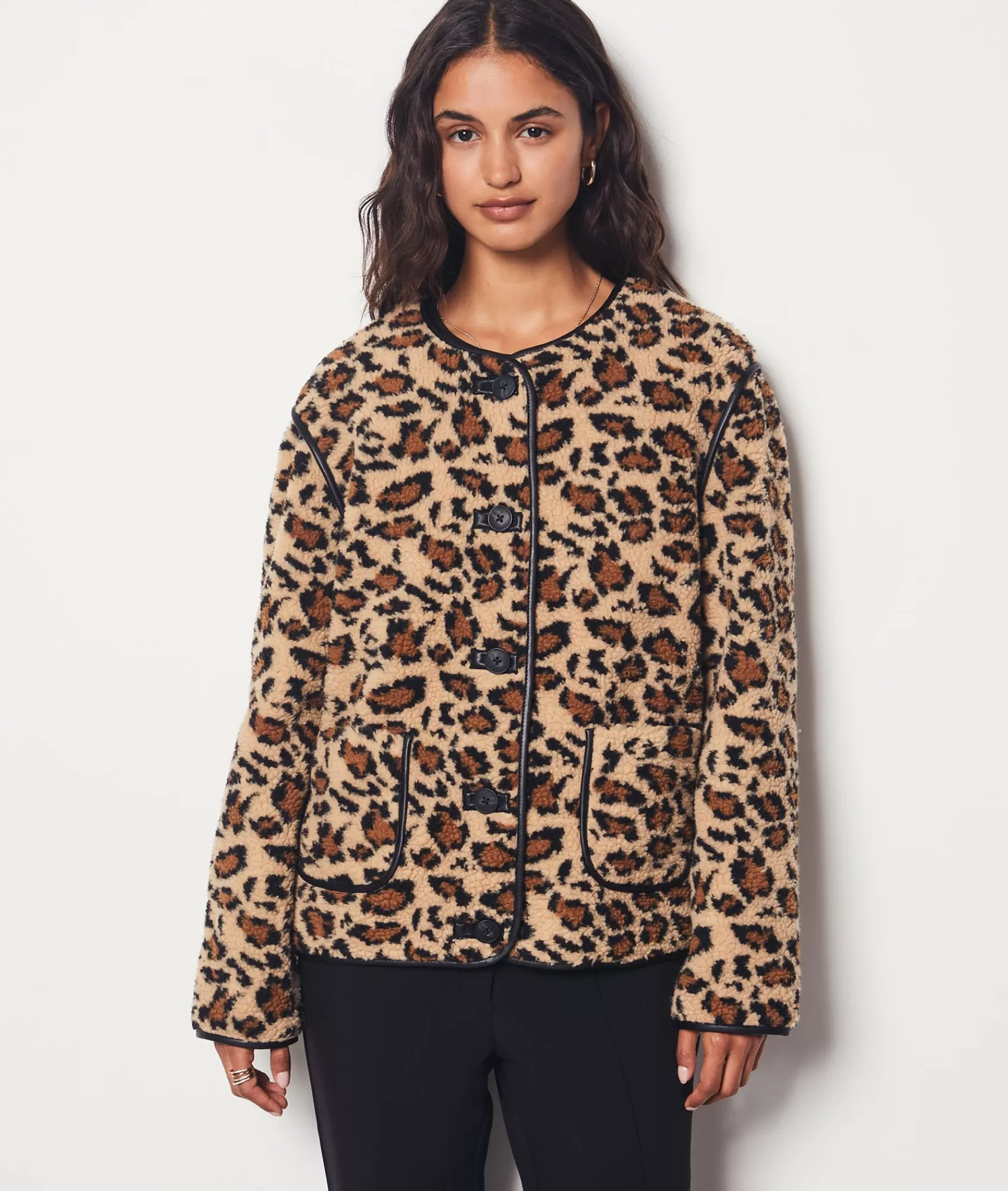 Etam Jackets>Leopard Print Fleece Jacket