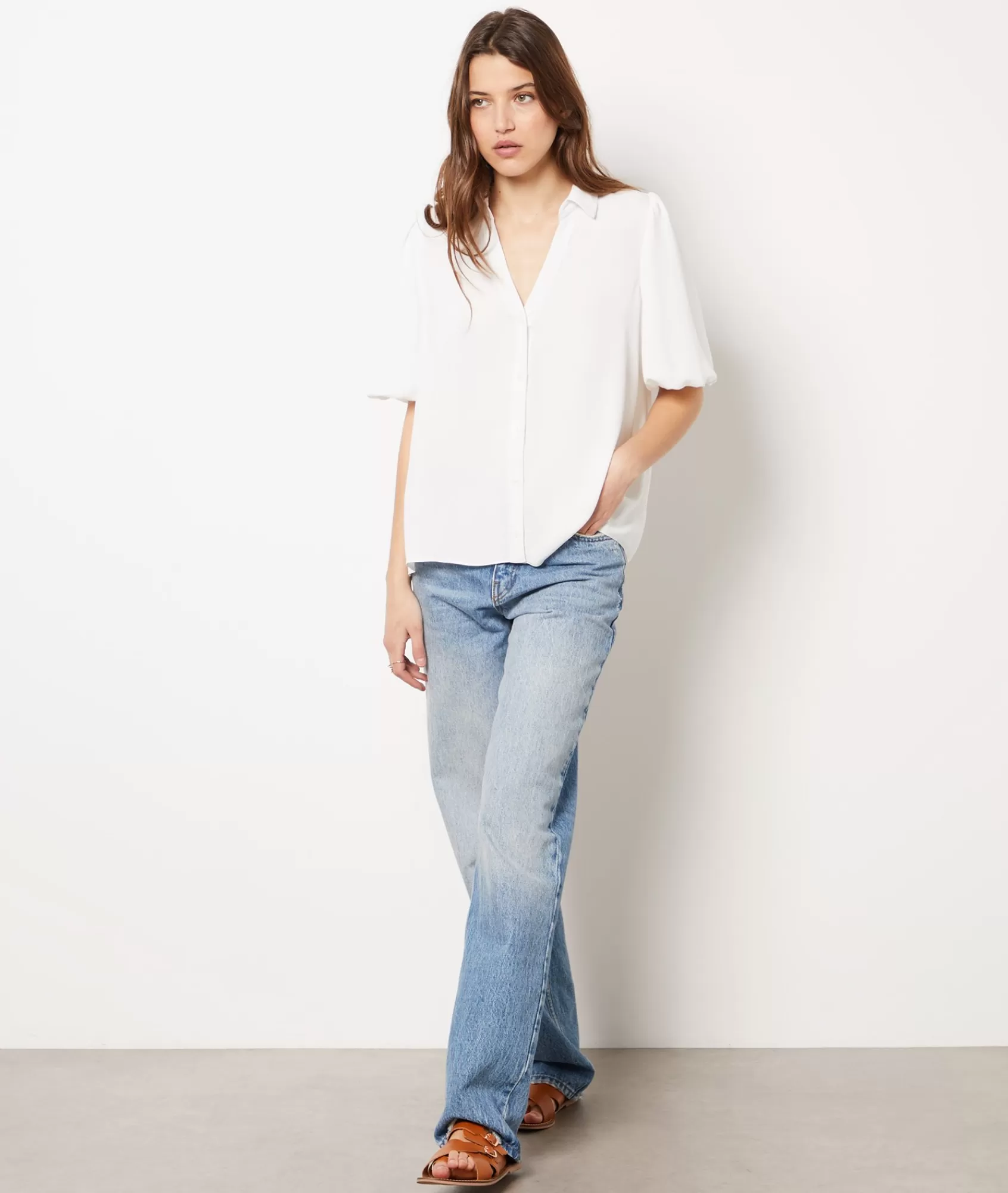 Etam Classic Shirts | Flowy Shirts>Textured Short-Sleeved Puff Shirt